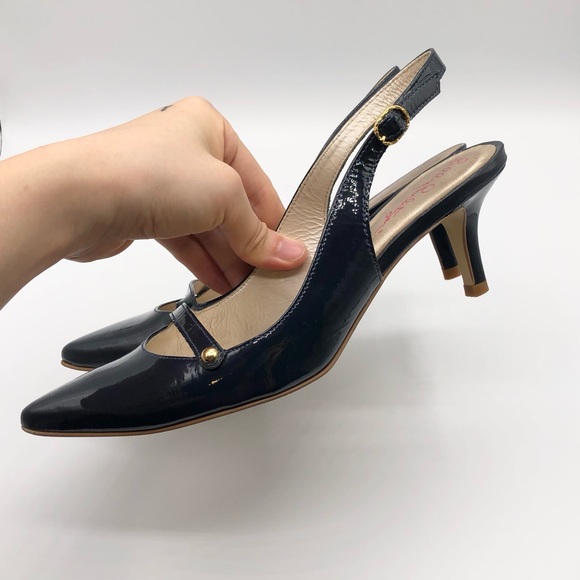 Lily Pulitzer Navy Patent Leather Pointed Toe Sling Back Kitten Heel Size 6.5 - Picture 4 of 8